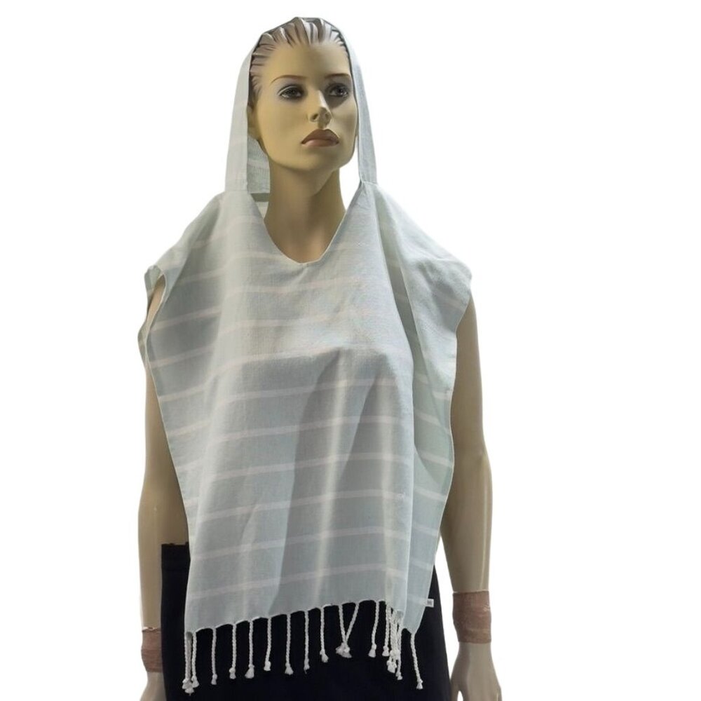 ZESTT Organic Cotton Hooded Poncho Sky Blue Striped With Tassels Big Kid One Siz